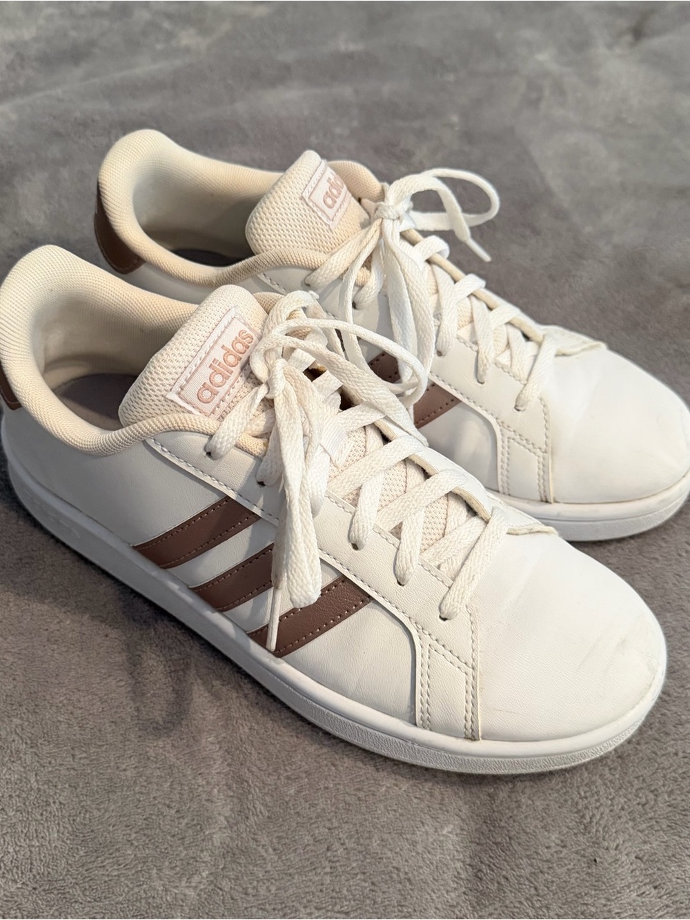 adidas Women’s White Sneakers with Brown Stripes